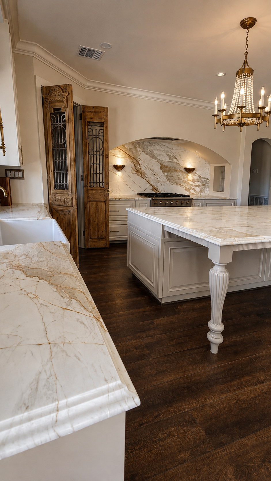 Elegant kitchen with marble countertops and backsplash, carved island legs, antique doors and a crystal chandelier.