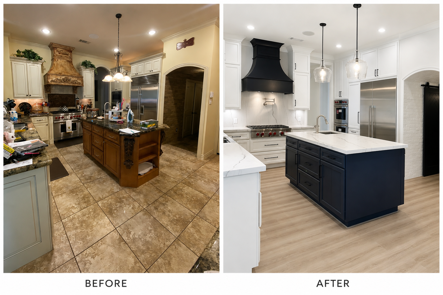 Before and after kitchen renovation showing a traditional space transformed into a bright, refined kitchen with a dark island.