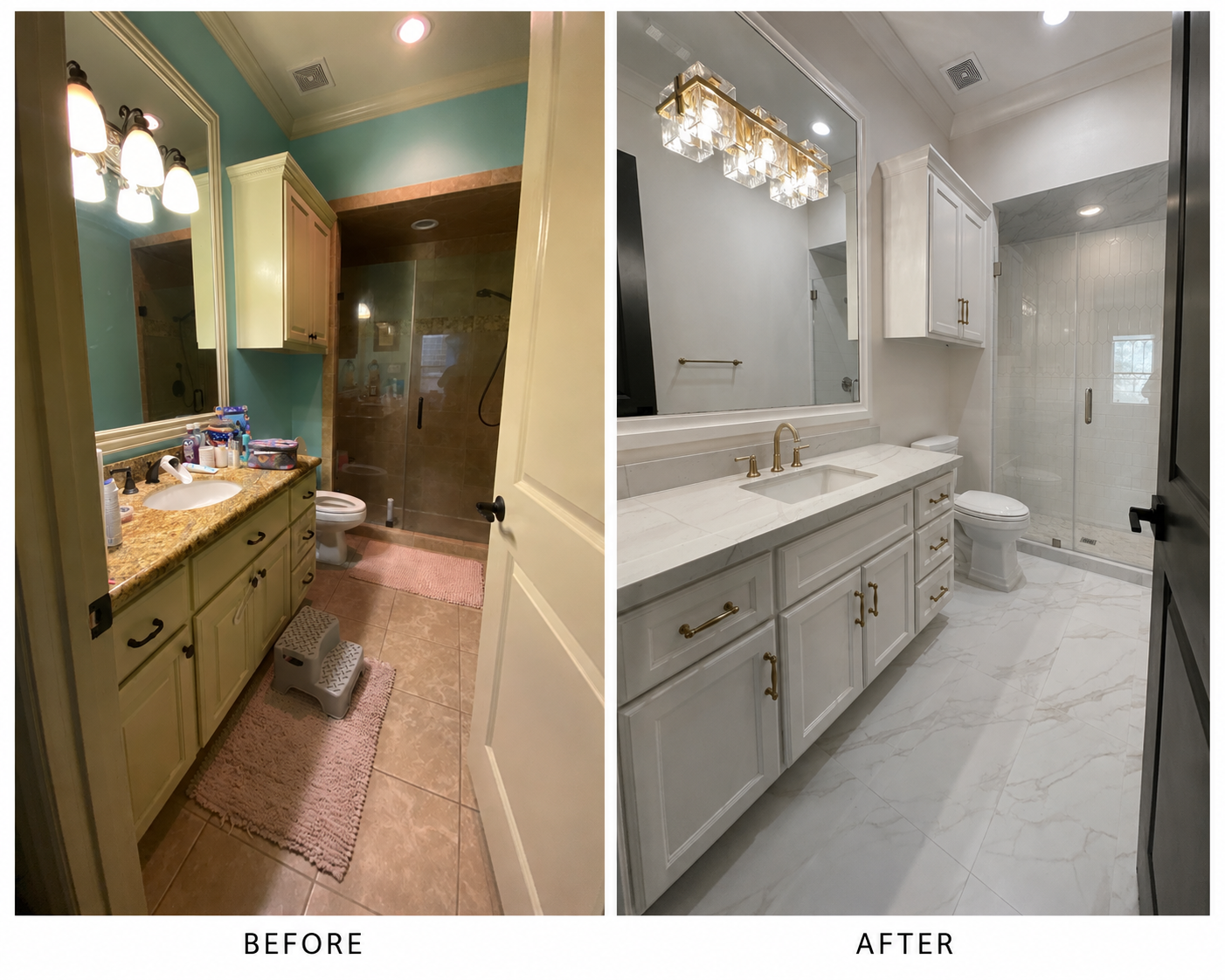 Before and after bathroom renovation showing a dated bath replaced with a light, marble-clad vanity and walk-in shower.
