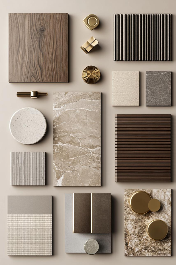 A curated material palette of marble, walnut, reeded wood, warm metals, and woven textiles arranged in a refined composition.