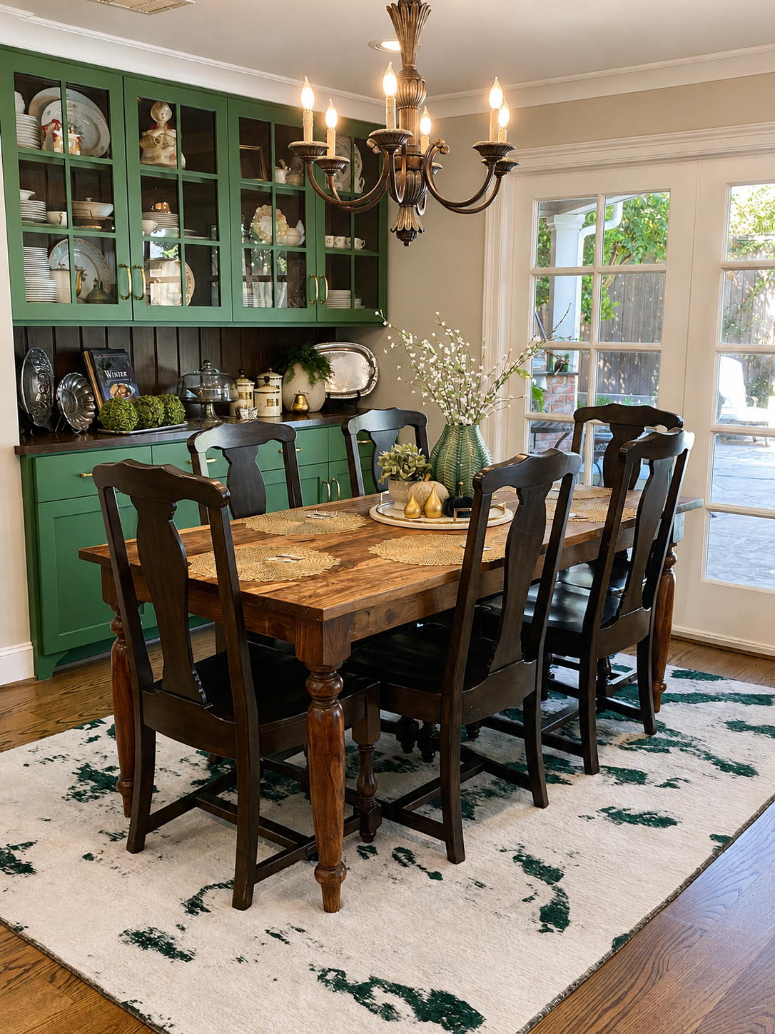 Dining room with a wood table, dark chairs, a vintage chandelier and emerald built-in china cabinets.