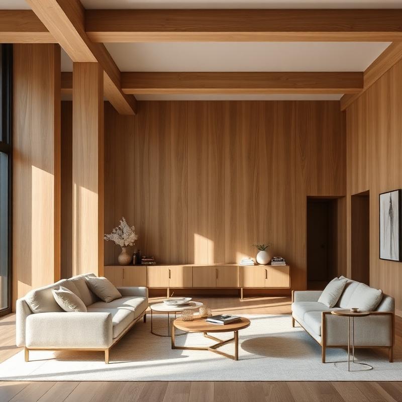 A completed commercial lounge with wood paneling, soft seating and daylight.