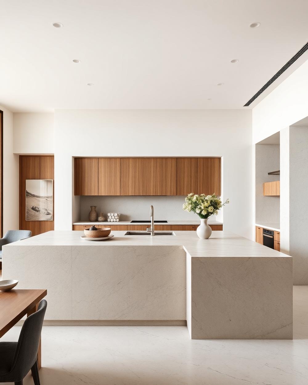 The finished suite interior with stone surfaces, custom casework and warm lighting.