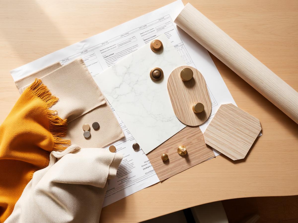 Material palette for a hospitality suite: stone, wood and textile samples on a drawing.
